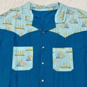 Western Style Sail Boats Blue Hand Made Button Down Shirt